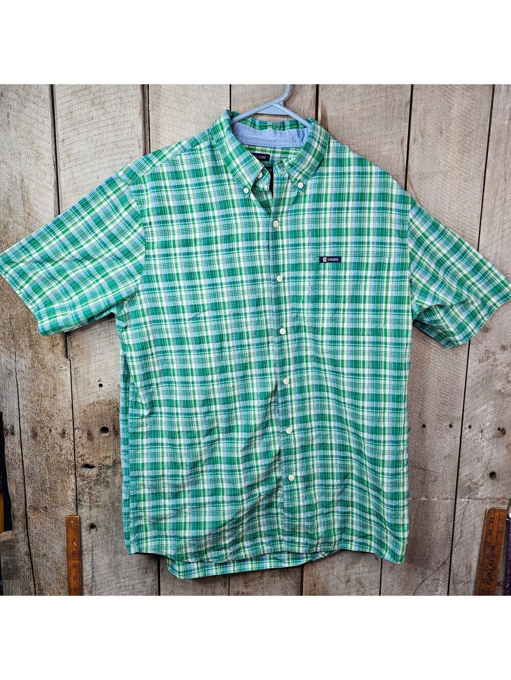 Chaps Men's Large Green Plaid Button Down Short Sleeve Casual Shirt Easy Care